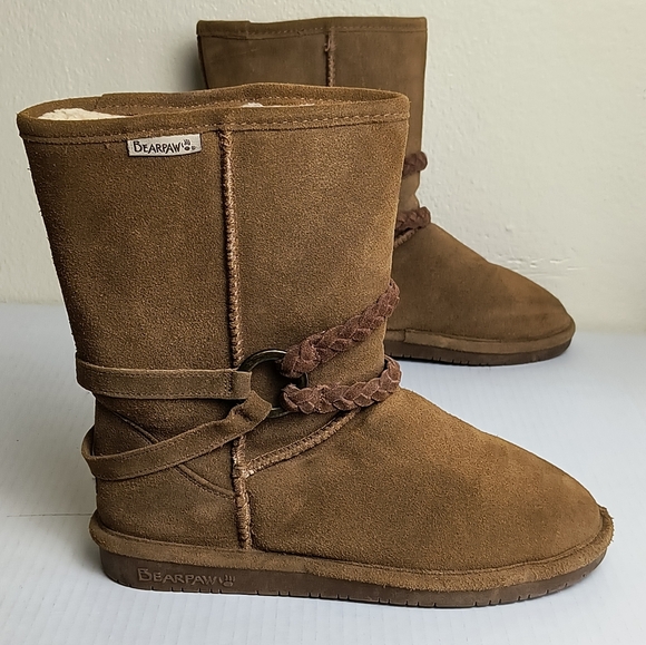 BearPaw Adele Braided Suede Strap Boots Brown Women's Size 8 Faux Fur - Picture 1 of 12